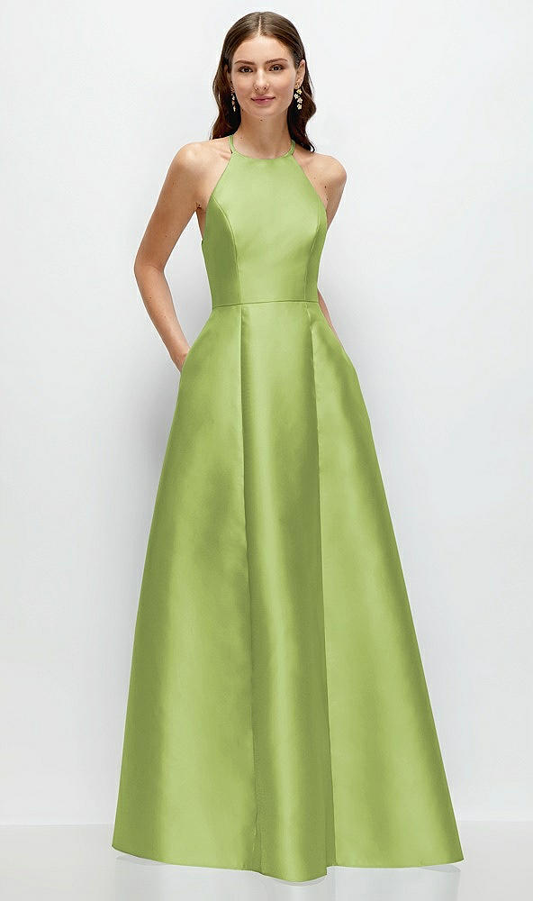 Front View - Mojito Jewel Neck Halter Full A-Line Satin Maxi Dress