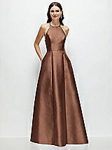 Front View Thumbnail - Cognac Jewel Neck Halter Full A-Line Satin Maxi Dress