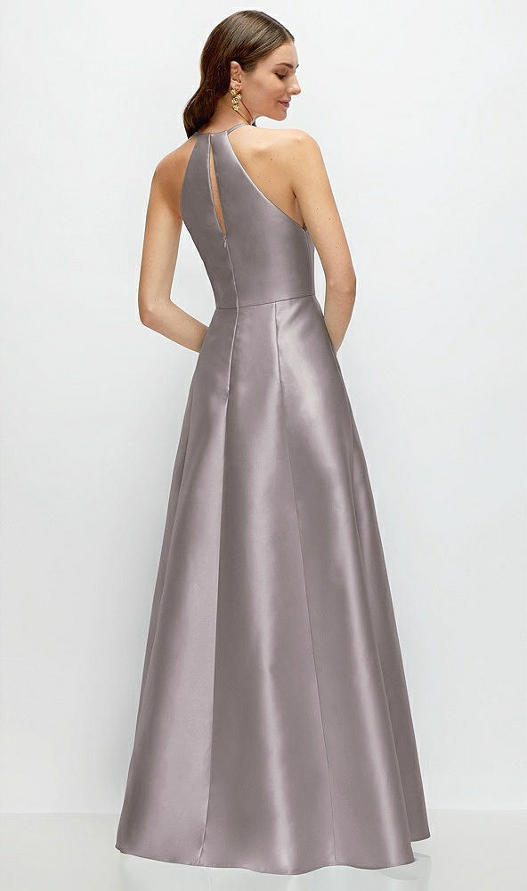 Back View - Cashmere Gray Jewel Neck Halter Full A-Line Satin Maxi Dress