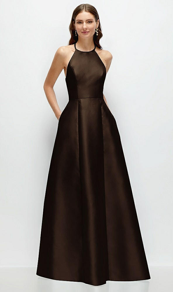 Front View - Espresso Jewel Neck Halter Full A-Line Satin Maxi Dress