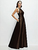 Side View Thumbnail - Espresso Jewel Neck Halter Full A-Line Satin Maxi Dress