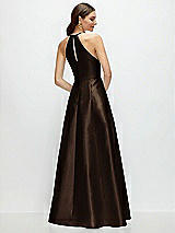 Rear View Thumbnail - Espresso Jewel Neck Halter Full A-Line Satin Maxi Dress