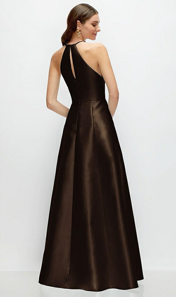 Back View - Espresso Jewel Neck Halter Full A-Line Satin Maxi Dress