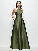 Front View Thumbnail - Olive Green Jewel Neck Halter Full A-Line Satin Maxi Dress