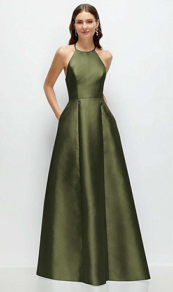 Front View - Olive Green Jewel Neck Halter Full A-Line Satin Maxi Dress