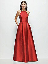 Front View Thumbnail - Poppy Red Jewel Neck Halter Full A-Line Satin Maxi Dress