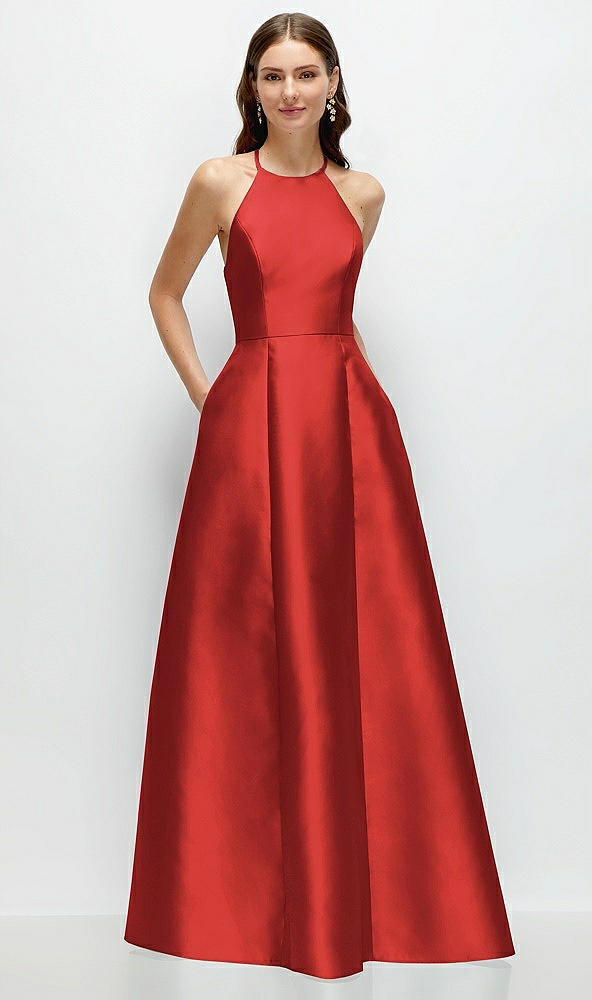 Front View - Poppy Red Jewel Neck Halter Full A-Line Satin Maxi Dress