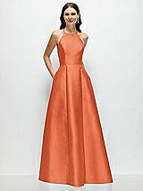 Front View Thumbnail - Portofino Orange Jewel Neck Halter Full A-Line Satin Maxi Dress