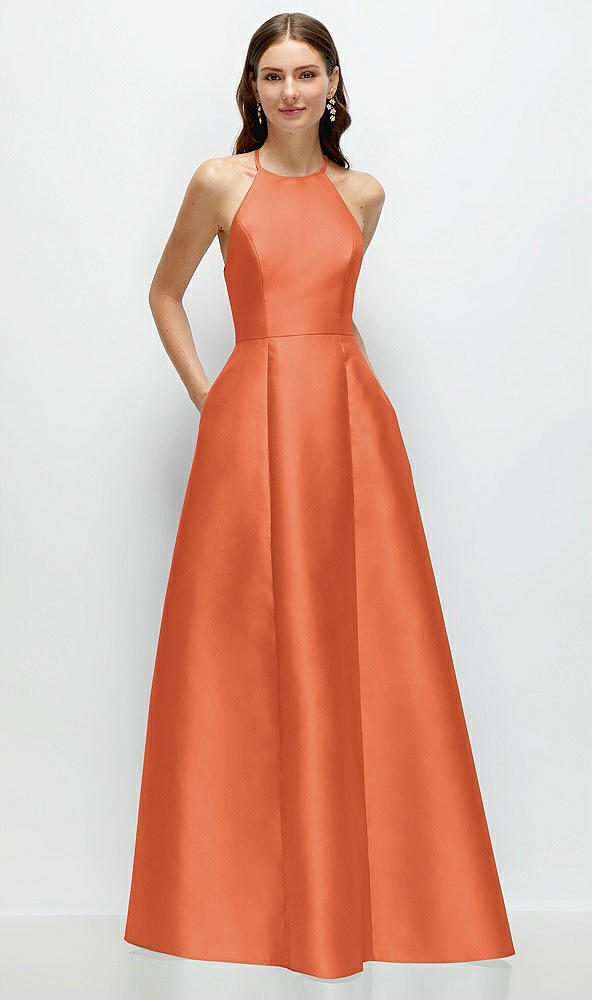 Front View - Portofino Orange Jewel Neck Halter Full A-Line Satin Maxi Dress