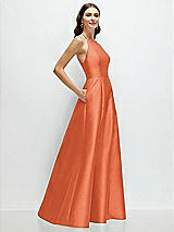Side View Thumbnail - Portofino Orange Jewel Neck Halter Full A-Line Satin Maxi Dress