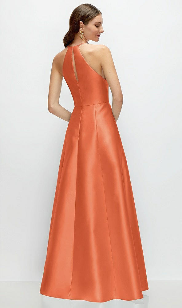 Back View - Portofino Orange Jewel Neck Halter Full A-Line Satin Maxi Dress