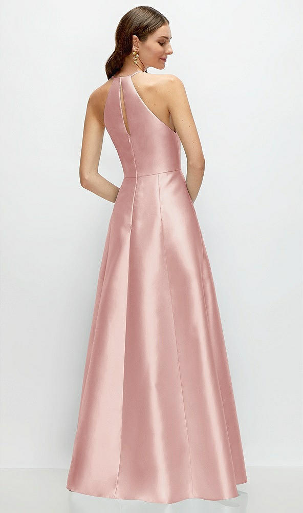 Back View - Rose Jewel Neck Halter Full A-Line Satin Maxi Dress