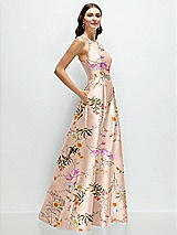 Side View Thumbnail - Butterfly Botanica Pink Sand Jewel Neck Halter Full A-Line Satin Floral Maxi Dress