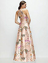Rear View Thumbnail - Butterfly Botanica Pink Sand Jewel Neck Halter Full A-Line Satin Floral Maxi Dress