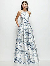 Front View Thumbnail - Cottage Rose Larkspur Jewel Neck Halter Full A-Line Satin Floral Maxi Dress