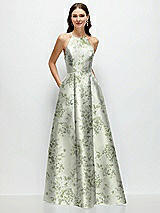 Front View Thumbnail - Sage Cottage Rose Jewel Neck Halter Full A-Line Satin Floral Maxi Dress