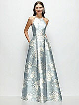 Front View Thumbnail - Porcelain Blue Seraphina Floral Jewel Neck Halter Full A-Line Satin Floral Maxi Dress