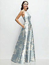Side View Thumbnail - Porcelain Blue Seraphina Floral Jewel Neck Halter Full A-Line Satin Floral Maxi Dress