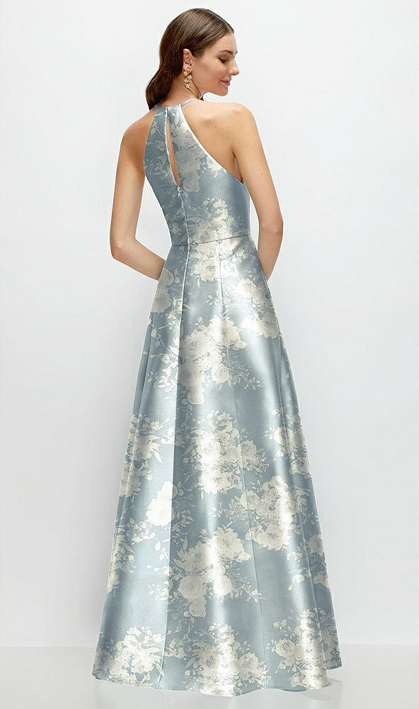 Back View - Porcelain Blue Seraphina Floral Jewel Neck Halter Full A-Line Satin Floral Maxi Dress