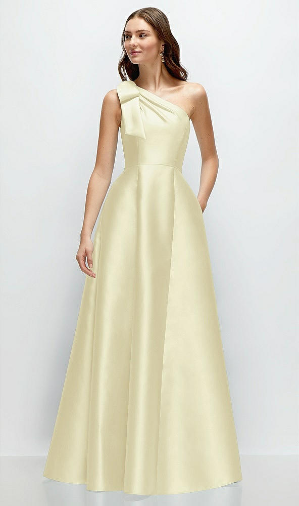 Front View - Butter Yellow Bow One-Shoulder Full A-Line Satin Maxi Dress