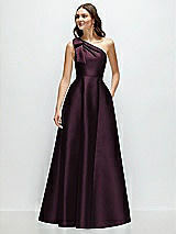 Front View Thumbnail - Deep Plum Bow One-Shoulder Full A-Line Satin Maxi Dress