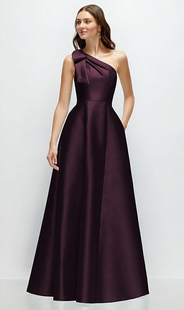 Front View - Deep Plum Bow One-Shoulder Full A-Line Satin Maxi Dress