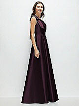 Side View Thumbnail - Deep Plum Bow One-Shoulder Full A-Line Satin Maxi Dress