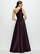 Rear View Thumbnail - Deep Plum Bow One-Shoulder Full A-Line Satin Maxi Dress