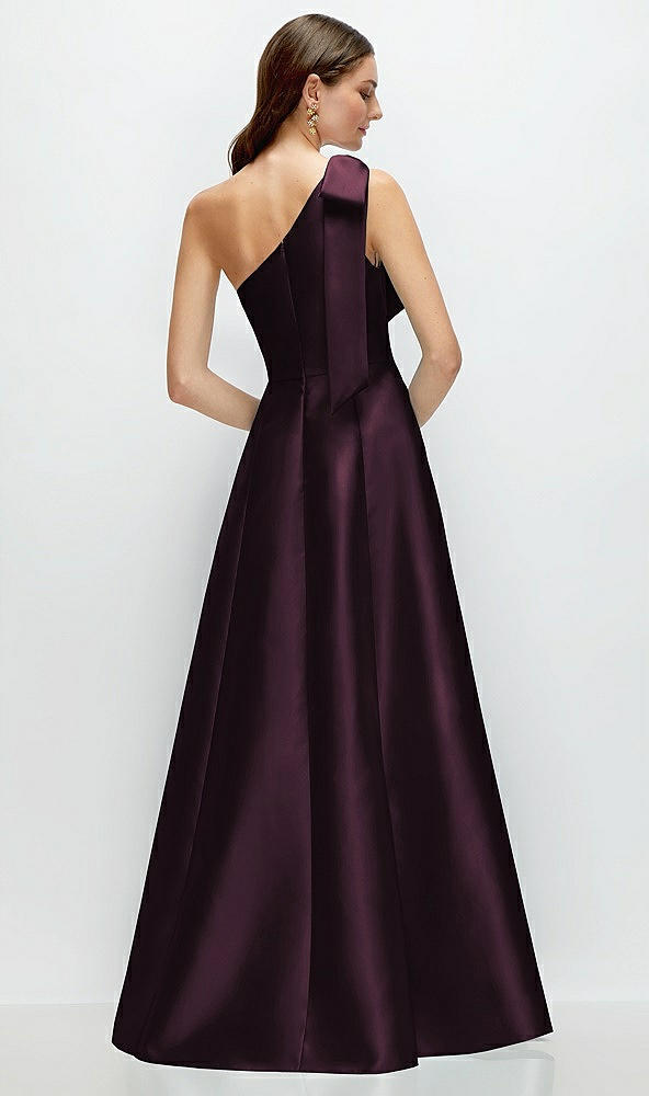 Back View - Deep Plum Bow One-Shoulder Full A-Line Satin Maxi Dress