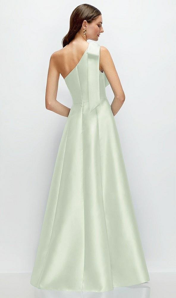 Back View - Mint Green Bow One-Shoulder Full A-Line Satin Maxi Dress