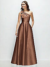 Front View Thumbnail - Cognac Bow One-Shoulder Full A-Line Satin Maxi Dress