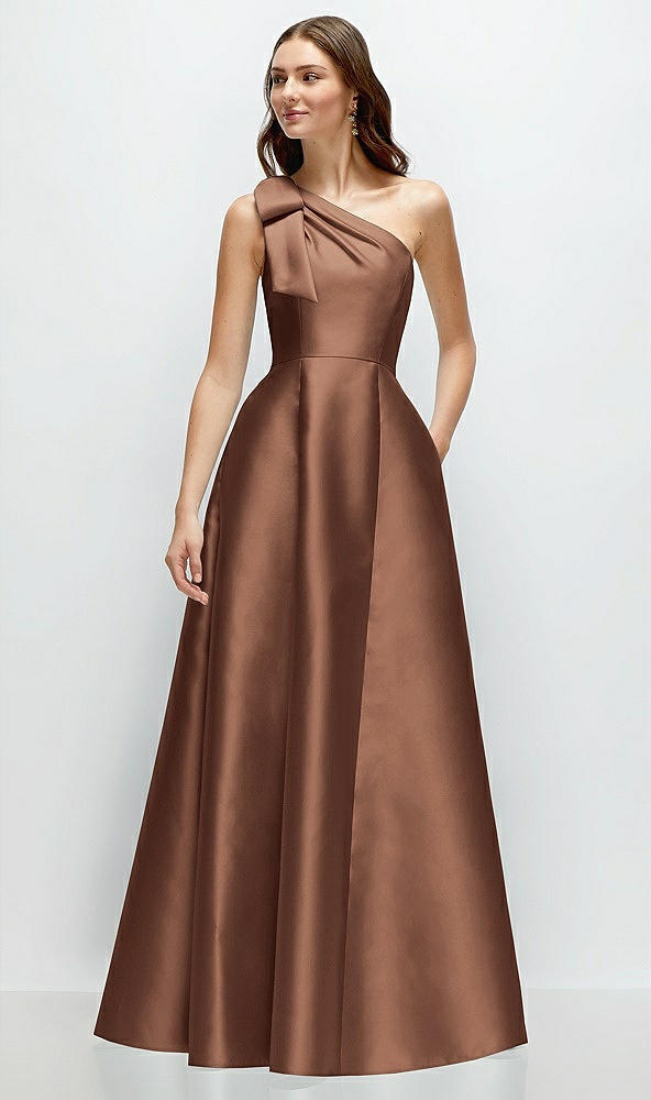Front View - Cognac Bow One-Shoulder Full A-Line Satin Maxi Dress