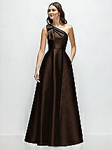 Front View Thumbnail - Espresso Bow One-Shoulder Full A-Line Satin Maxi Dress