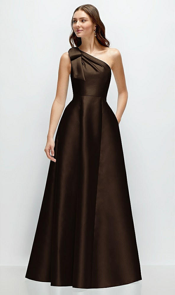 Front View - Espresso Bow One-Shoulder Full A-Line Satin Maxi Dress