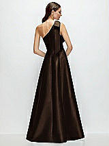 Rear View Thumbnail - Espresso Bow One-Shoulder Full A-Line Satin Maxi Dress
