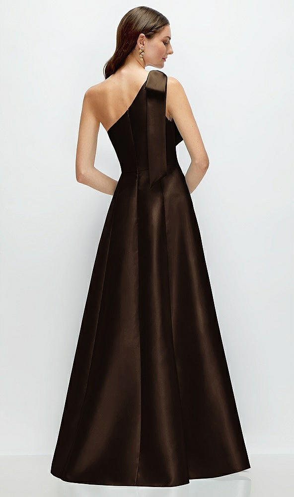 Back View - Espresso Bow One-Shoulder Full A-Line Satin Maxi Dress