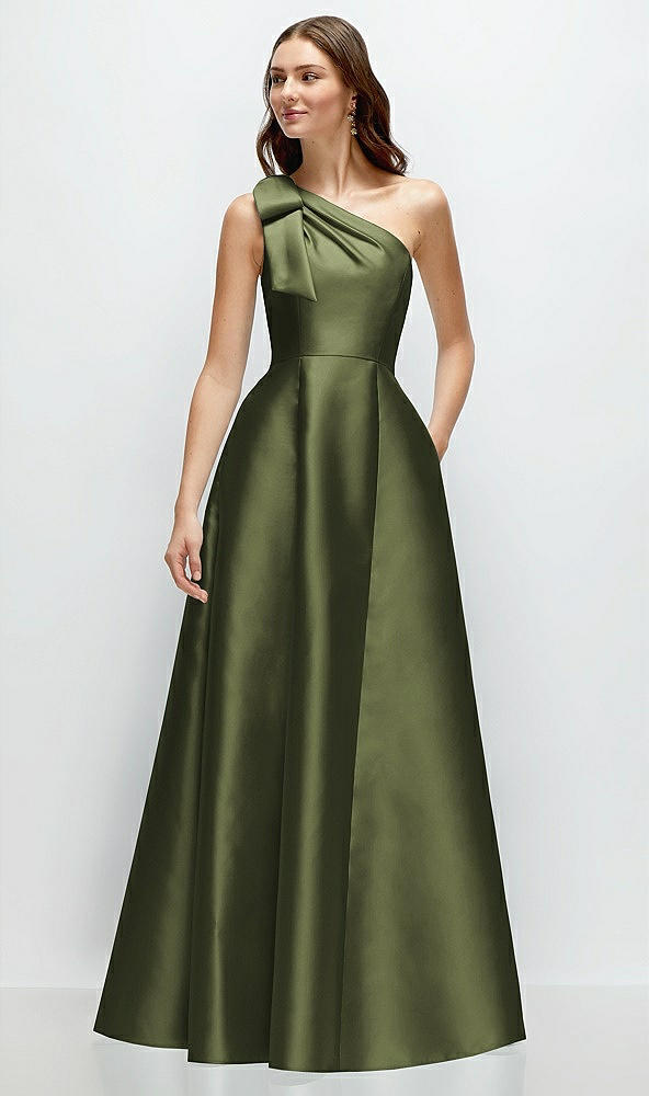 Front View - Olive Green Bow One-Shoulder Full A-Line Satin Maxi Dress