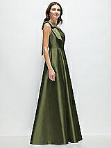 Side View Thumbnail - Olive Green Bow One-Shoulder Full A-Line Satin Maxi Dress