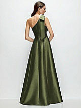 Rear View Thumbnail - Olive Green Bow One-Shoulder Full A-Line Satin Maxi Dress