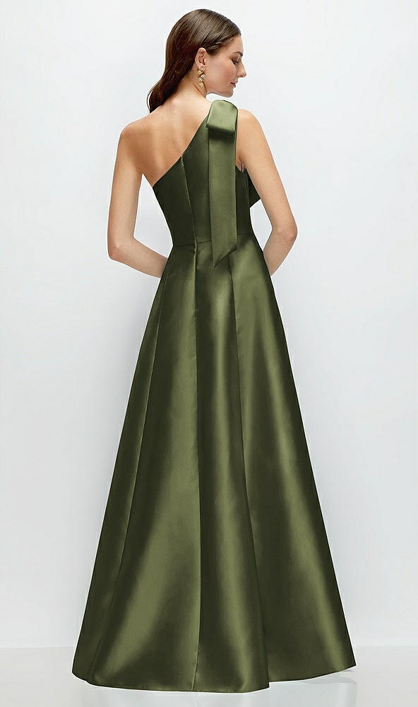 Back View - Olive Green Bow One-Shoulder Full A-Line Satin Maxi Dress