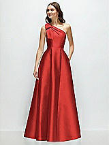 Front View Thumbnail - Poppy Red Bow One-Shoulder Full A-Line Satin Maxi Dress