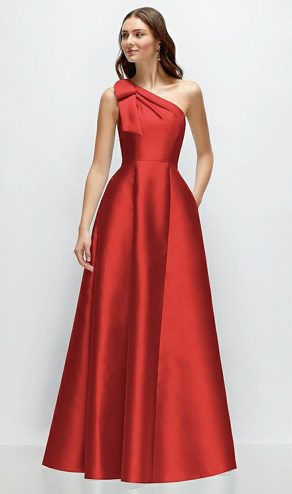 Front View - Poppy Red Bow One-Shoulder Full A-Line Satin Maxi Dress