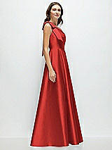 Side View Thumbnail - Poppy Red Bow One-Shoulder Full A-Line Satin Maxi Dress