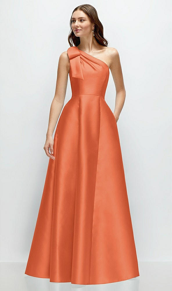 Front View - Portofino Orange Bow One-Shoulder Full A-Line Satin Maxi Dress