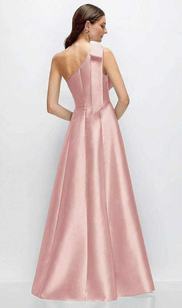 Back View - Rose Bow One-Shoulder Full A-Line Satin Maxi Dress