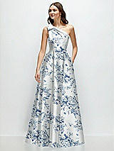 Front View Thumbnail - Cottage Rose Larkspur Bow One-Shoulder Full A-Line Floral Satin Maxi Dress