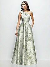 Front View Thumbnail - Sage Cottage Rose Bow One-Shoulder Full A-Line Floral Satin Maxi Dress