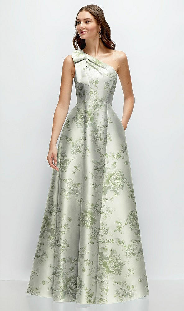 Front View - Sage Cottage Rose Bow One-Shoulder Full A-Line Floral Satin Maxi Dress