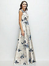Side View Thumbnail - Inkwash Blue Floral Bow One-Shoulder Full A-Line Floral Satin Maxi Dress
