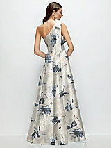 Rear View Thumbnail - Inkwash Blue Floral Bow One-Shoulder Full A-Line Floral Satin Maxi Dress
